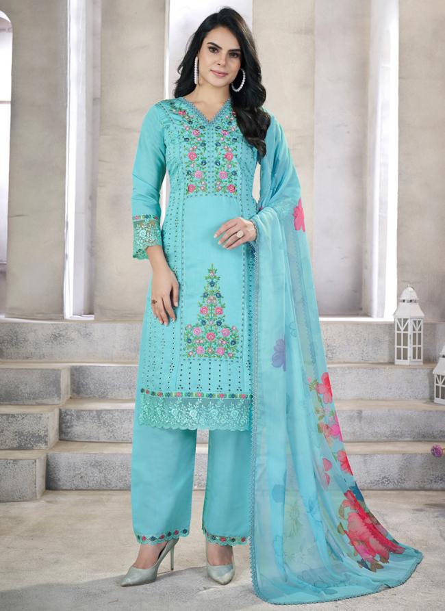 Roman Silk Sky Blue Festival Wear Hand Work Readymade Straight Suit